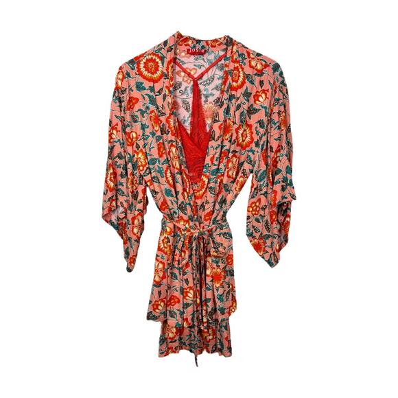 Josie Natori Paisley Floral Lace Nightgown Robe Set S/M Pink Red Matching Sleep - Picture 1 of 10